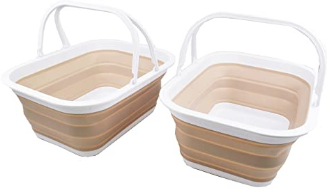 SAMMART 15L Zusammenklappbarer Korb mit Griff - Tragbarer Picknickkorb/Krater für den Außenbereich - Faltbare Einkaufstasche - Platzsparender Aufbewahrungsbehälter (Weiß/Latte (2er-Set))