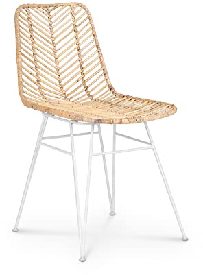 Wabi Home - Weißer Stuhl, aus natürlichem Rattan, Beine aus Eisen, Weiß, 84 x 43 x 59 cm