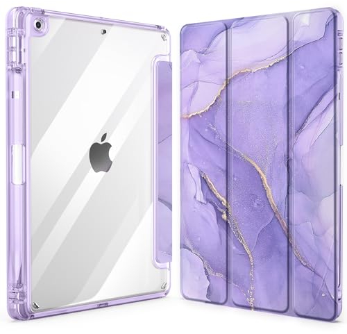 EasyAcc Hülle für iPad 9 8 7 Generation mit Stifthalter 10,2 Zoll Modell 2021/2020/2019 Stoßfeste Schutzhülle mit Transparenter Hartschale auf der Rückseite, Auto Schlafen Wachen Marmor Lila