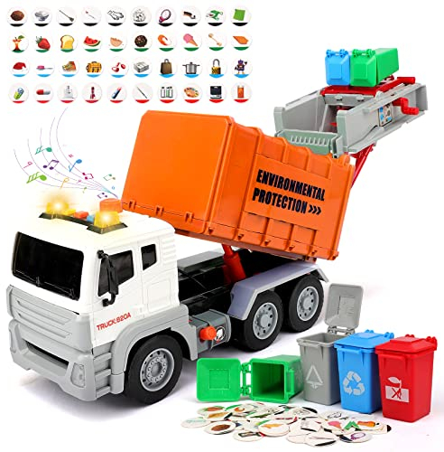 kramow Garbage Truck Toy with Lights and Sounds, Truck Toys, Friction-Powered Car Toy with 4 Garbage Cans, Vehicles Toys Gifts for Kids Boys Girls 3 4 5 6 Years Old, Orange