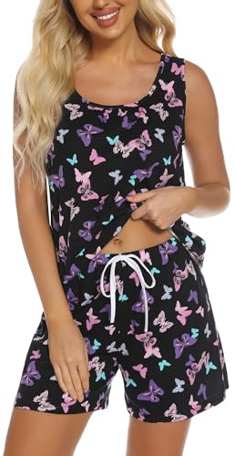ENJOYNIGHT Set pigiama corto da donna estivo, senza maniche, top e pantaloncini, biancheria da notte per donne, tuta da casa in cotone, M