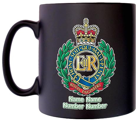 Corps of Royal Engineers Mug with Personalise Option Image of Military Emblem Flag Crest Insignia MOD Official Product Coffee Tea 10oz Black Satin Klassek Gift Present