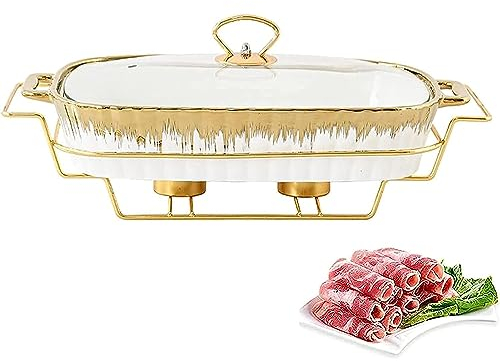 SZAJOR Buffet Chafing Dish Estufa de Alcohol, Cerámica Chafing Dish Buffet Set con Tapa Transparente de Vidrio, Calentamiento de Alimentos de Invierno para Catering Fiesta Boda,S