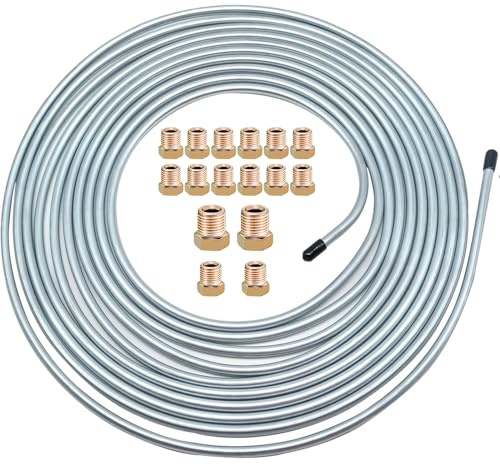 Kit de tubos de 1/4 pulgadas – 25 pies de tubo de línea de freno flexible recubierto de cobre de 1/4 para frenos hidráulicos, sistema de transmisión de combustible y 16 accesorios invertidos