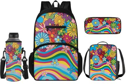 SCRAWLGOD Lot de 4 sacs à dos d'école pour enfants avec boîte à déjeuner isotherme, pochette à crayons, porte-bouteille d'eau pour filles et garçons, Fleur hippie abstraite