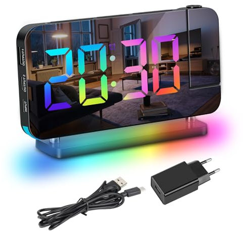 Exmate Sveglia per Proiezione, Sveglia Digitale LED con proiettore girevole a 180°,luce notturna RGB, 2 porta USB C, 6 Luminosità Regolabile Snooze 12/24H Sveglia per Casa (Nero con Adattatore)