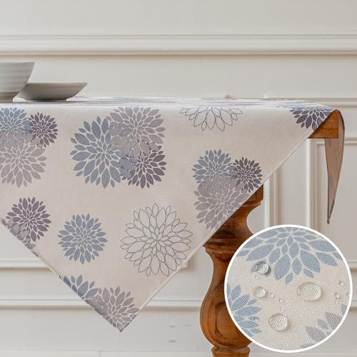 Vorysum Tischdecke Modern Blumen Hellblau Dahlien Tischwäsche Modern Wasserabweisend Leinen，Dekoration Tischläufer Outdoor Sommer Garten für Hochzeit Esszimmer Party Urlaub Dekor 100 x 100 cm