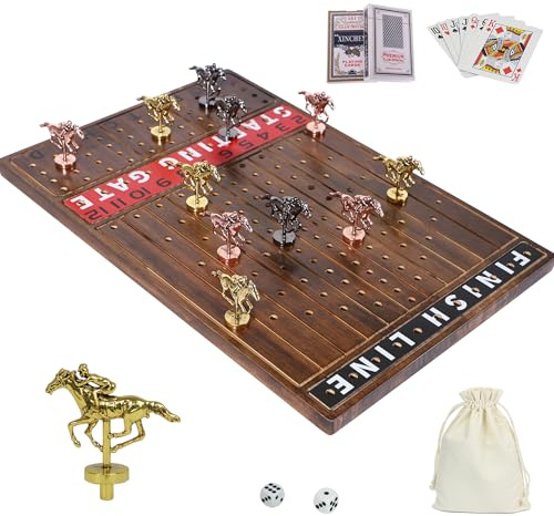 Horse Racing Board Game Solid Wood Horse Race Card and Dice Board Game Luxury Edition Set with 11 Metal Horses,2 Dices and 2 Boxes of Cards (Flame)