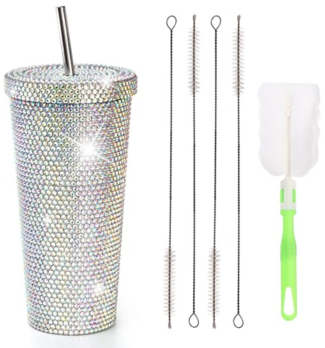 Mezchi Gobelet bling bling de 800 ml avec paille et couvercle, gobelet isotherme en acier inoxydable à strass pour femme, bouteille d'eau pailletée