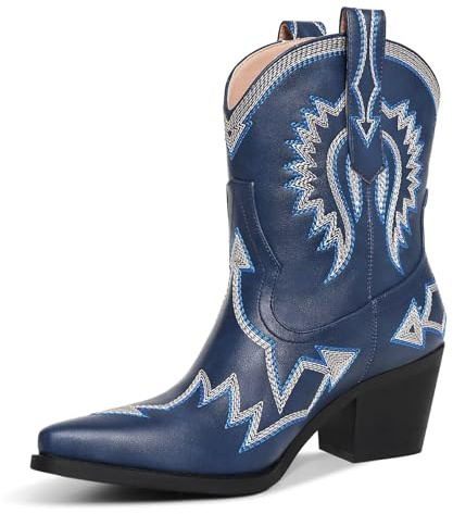 HOCHFART Womens Navy Western Cowboy Boots Ankle Wide Calf Chunky Heel