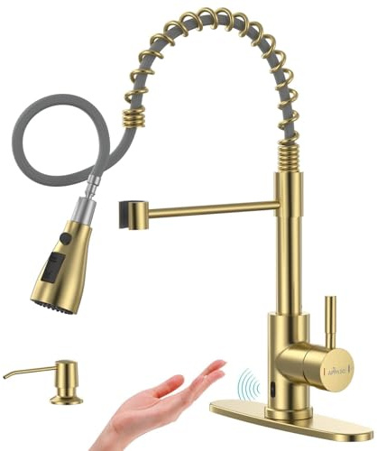APPASO Brushed Gold Kitchen Faucet Touchless, Touchless Kitchen Faucet with Pull Down Sprayer and Soap Dispenser Gold, Single-Handle Spring Faucet for Kitchen Sink Stainless Steel, Brushed Gold