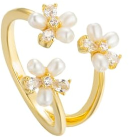 IMINI Dainty Flower Ring for Women Girls Sparkling Crystal Daisy Adjustable Statement Rings Pearl Chic Engagement Promise Ring Wrap Finger Open Band 14K Gold Plated Jewelry Gifts (Pearl)