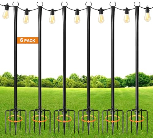 MuliVid 6 Pack 9FT String Light Poles for Outdoor,Metal Lights Hanging Pole Outside with Fork,Light Stand for Patio, Pergola, Garden, Backyard, Yard, Camping Party