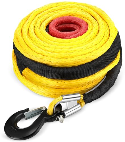 Marsui 1/2 x 100 ft Synthetic Winch Rope Cable Kit, 32000lbs Winch Line with Protective Sleeve Forged Hook Replacement Safety Pull Strap for 4WD Vehicle Truck ATV UTV SUV, Yellow | Winch Line with Protective Sleeve, Forged Hook Replacement Safety Pull Strap for 4WD Vehicle Truck ATV UTV SUV