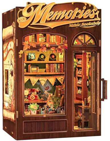 Cutefun Book Nook Kit, Casas de muñecas con LED - Maqueta de Madera 3D, Casa en Miniatura para Decorar Estanterías - Sujetalibros Decorativo para Adultos(Memories Music Bookshop)