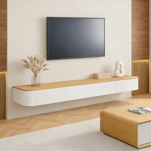 Ribanedy Modern Flytande TV-enhet | Väggmonterad Underhållningskonsol för Media | Stor Förvaringsbänk för TV till Vardagsrum och Kontor (Vit + träfärg, 140cm)