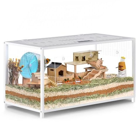 BORISI Gabbia per Criceti Grande in Metallo 103x56x52 cm, Gabbia Criceto Atossica e Ventilata con Pannelli Acrilici, Apertura Superiore e Doppia Porta, per Criceti Siriani, Gerbilli e Cavie, Bianco