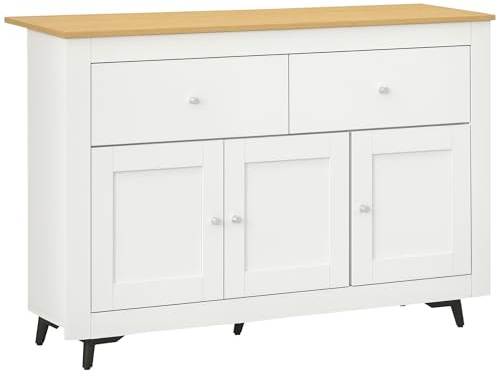 HOMCOM Buffet Cuisine, Meuble de Rangement avec 2 tiroirs 3 Portes, Style Moderne, pour Cuisine, Salle à Manger, Salon, 117 x 35 x 80 cm, Blanc