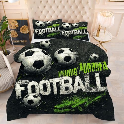 Gumntun Couette 160x200 cm Ballon de Football Vert pour Enfants, Célibataire Couverture Microfibre Imprimée Lavable en Machine, Parure de Lit 4 Saisons Légère Chaud avec 2 Taies d'oreiller