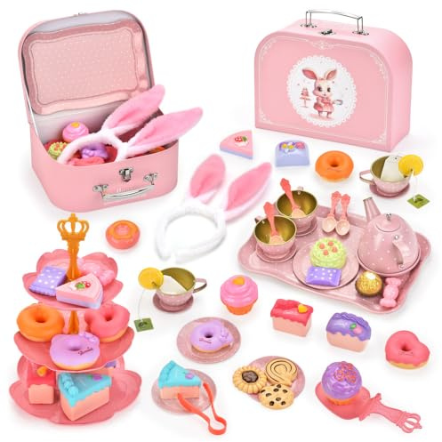 Jonuin 50 Piece Tea Party Set, Afternoon Tea Set with Tea Set Dessert Carrying Case, Pretend Play Tea Party Set Tea Set, Handheld Gift Box, Bunny Themed Tea Set, Pink Bunny Princess