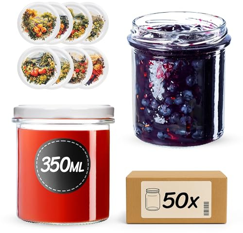 KADAX Marmeladengläser 350ml TO82, Einmachgläser Vorratsgläser Mason Jar mit Schraubdeckel, Luftdichte Schraubgläser, Honig & Konfitüre (Obstgarten, 50 Stück)