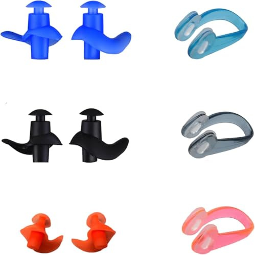 Ruwado 3 Pairs Nose Clips and Ear Plugs Silicone Soft to Wear Waterproof Reusable Nose Plugs for Swimming Training Surfing Adults Kids Ear Nose Protector (Black, Orange, Blue, w31)