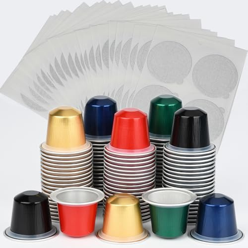 100pcs Disposable Fillable Empty Aluminum Foil Capsules Coffee Pods Compatible for Nespresso Original Line Machine,Make Your Own Espresso Coffee Cups Filters with Seals Sticker Lids(100 Pods+100 Lids)