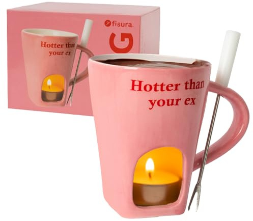 Fisura – Tazza fonduta originale per cioccolato. Fonduta di formaggio con tazza e forchettina. Mug rosa con scritta “Hotter”. Regalo originale per fonduta. Capacità 140 ml.