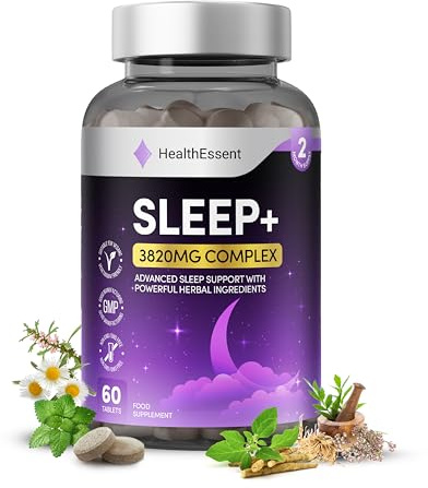 HealthEssent Sleeping Tablets with Magnesium Glycinate, Valerian Root, Lemon Balm Leaf and L-Theanine | Melatonin Predecessor Complex 3820mg for Restful Sleep, Vegan and Tested for Adults - 60 Tablets