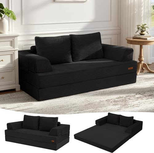 MeMoreCool Sofá cama convertible, sofá plegable sin huesos con funda de pana, colchón plegable con almohadas, cómodo sofá de espuma para sala de estar, dormitorio, habitación de invitados, color negro