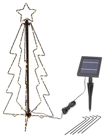 Esotec Solar Weihnachtsbaum Weihnachtsdeko außen LED Garten faltbar 103415 | Solar Weihnachtsbaum, Metall, H80cm, 200 LEDs warmweiß 2800K, 10Std, Li-Ion Akku wechselbar, 1,2Wp Solarmodul, 5m Zuleitung