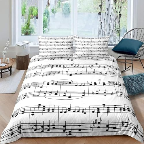 Musiknoten Bettwäsche 135x200 Schwarz-Weiß Bettwäsche Set, 3D Bettbezug Set Weich Microfaser Bettbezüge 2 Teilig Musik Wendebettwäsche für Einzelbett, mit 1 Kissenbezug b4351