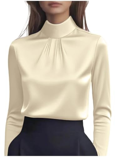 GMQWRK Chemisier à manches longues en satin pour femme - Élégant et habillé - Col montant - Avec détails plissés - Style décontracté - Coupe ajustée - Aspect soie - Pour le bureau et le travail