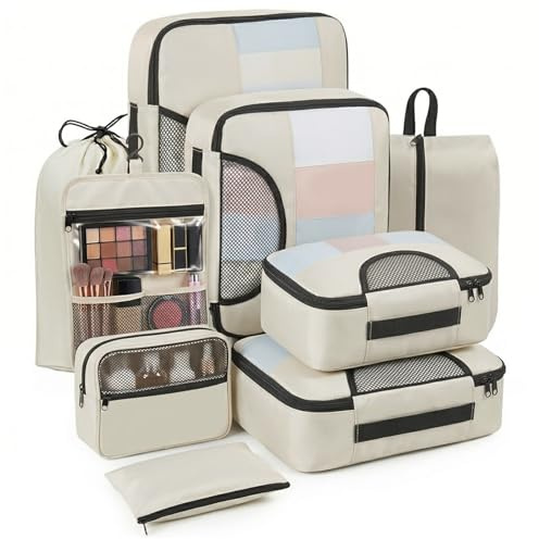 Koffer Organizer Set 8-teilig aus 800D Oxford Stoff,Packwürfel Reißfest &Wasserdicht, Packing Cubes Set für Koffer & Reise, Große Kapazität Kleidungstaschen Gepäck Organizer | Travel Essentials, Beige