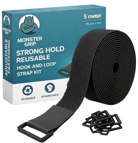 Adjustable Cable Strap 5m x 25mm, Extreme Grip 25 Buckles, Hook & Loop Kit | Strong Adjustable Fastening