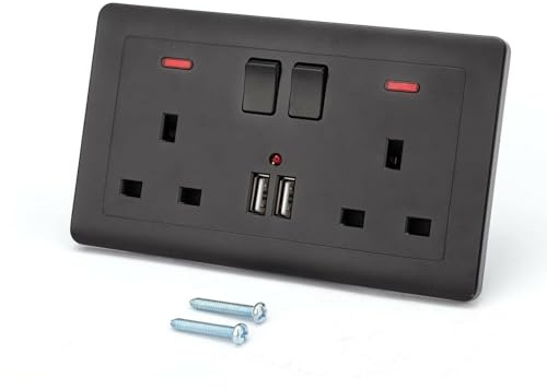 SUNNYNEST Double Wall Plug Socket Switch Panel, 2×13A Power Sockets with 2 USB Charger Ports – Fireproof Home & Office Charging Station (Black)