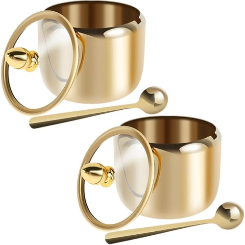 2 Pcs Sugar Bowl with Lid and Spoon, Elegant Sugar Pot with Lid, Premium Sugar Dispenser for Kitchen Storage, Golden 304 Stainless Steel Sugar Container, Salt Pot for Dining Table, Set of Two Sugar Po
