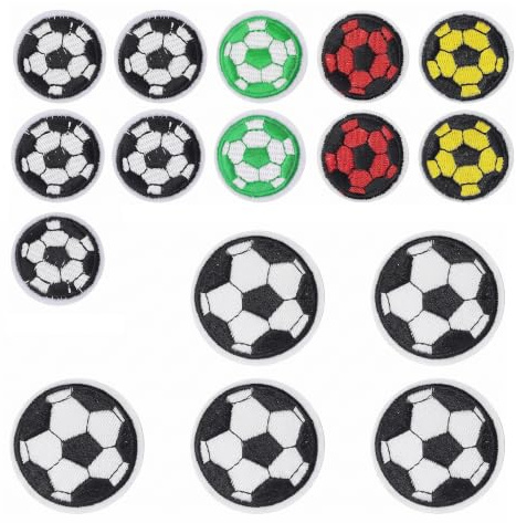 Aufbügler für Textilien Fußball Aufnäher Bügelbilder Set 16 Stück 2 Größen | Flicken zum Aufnähen, Schmelzkleber Rückseite, Stoff Bestickt, Knieflicken Hosen, Rucksäcke Kleidung Flicken, 4 Farben