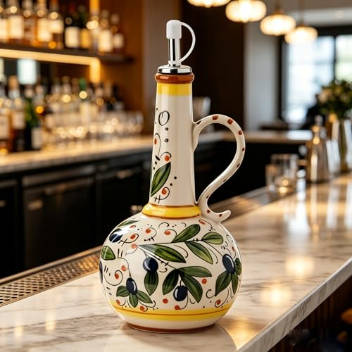 Olive Oil Dispenser Bottle - 23oz Italian Ceramic Oil Bottles for Kitchen,Hand-Painted Decorative Stoneware Cruet with Stainless Steel Spout, for Cooking Oils, Vinegar & Sauces