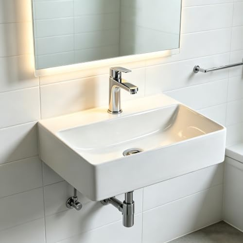 NUESTRA VIDA Waschbecken Eckig 51x36cm | Wandhängend & Aufsatzwaschbecken | Weiße Keramik Waschschale für Gäste-WC & Bad | Mit Hahnloch