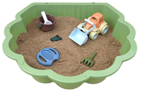 Coquillage à sable pour enfant vert pastel avec jeu de sable, coquillage d'eau comme bac à sable, avec tracteur, seau, pelle, râteau, tamis et moules, jouet de sable pour enfants, jardin, extérieur