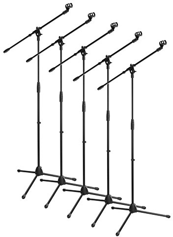 5x SET McGrey MBS-01 Mikrofonständer mit Galgen und Mikrofonklemme (Schwenkarm, höhenverstellbar bis ca. 154 cm, Dreibein, Kabelklemmen, Länge Galgen ca. 75 cm) schwarz