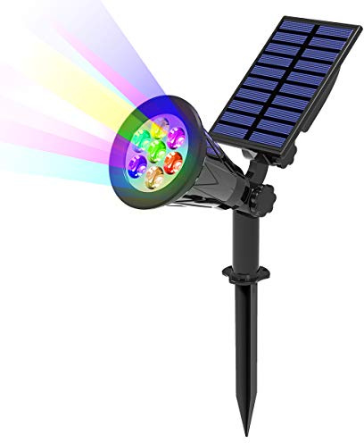T-SUN Farbige Solarlampen für Außen Garten, 7 LED RGB Solar Strahler, 7 Farbwechsel Solarleuchten für Außen, IP65 Wasserdicht Außenwandleuchte, 8 Modi Solar Gartenleuchten für Hof Bäume Garage Weg