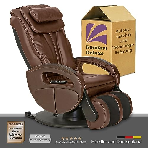 ELONEO Massagesessel mit elek. Aufstehfunktion, Shiatsu-Massage, Wärmefunktion, 4 Massagetechniken, 6 Massagezonen, Transportrollen, inkl. Kopf- & Nackenkissen (Braun)
