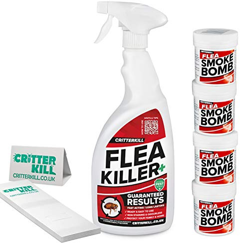 CritterKill Flea Killer Kit - For Low Level Home Infestation - Flea Spray + Smoke Bombs + Insect Traps (1L / 4x16g / 6)