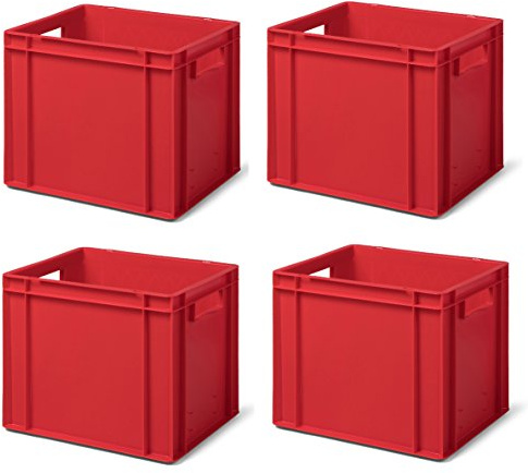 1a-TopStore 4 Stk. Transport-Stapelkasten TK432-0, rot, 400x300x320 mm (LxBxH), aus PP, Volumen: 29 Liter, Traglast: 45 kg, lebensmittelecht, made in Germany, Industriequalität