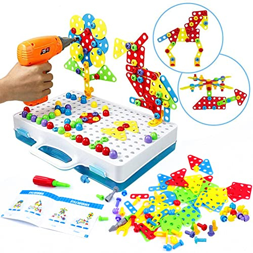 Steckspiel Spiele ab 3 Jahren Mosaik mit Elektrische Bohrmaschine, 3D Puzzle Montessori Spielzeug ab 3 Jahre Werkzeugkoffer Kinder Akkuschrauber, Lernspielzeug ab 3 4 5 Jahren Geschenk Jungen Mädchen