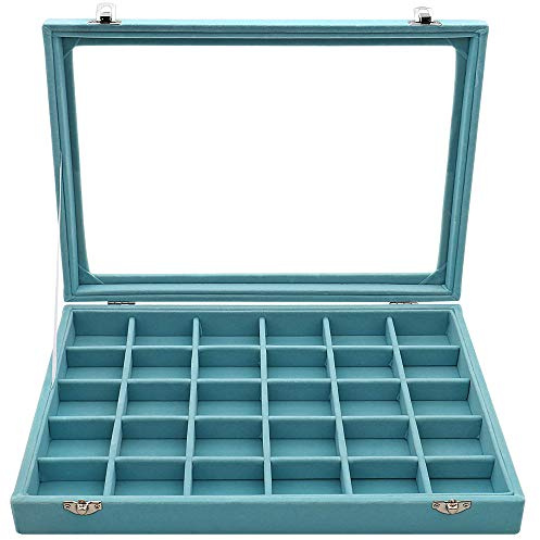 Sky Piea 30 Grid Velvet Glass Jewelry Box Jewellery Organiser Earring Ring Storage Holder Case Box (Sky Blue)