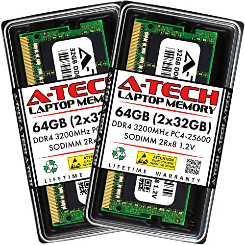A-Tech Kit de actualización de memoria RAM para ordenador portátil SO-DIMM de 64 GB (2 x 32 GB) DDR4 3200 MHz SODIMM PC4-25600 CL22 de 1,2 V, 260 pines