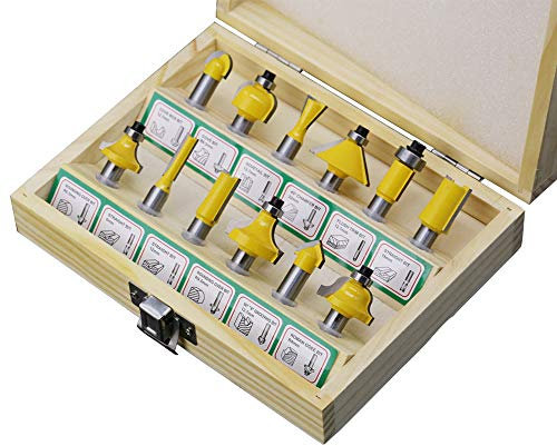Juego de 12 brocas de carburo de tungsteno con vástago de 1/4 pulgadas, kit de herramientas de carpintería con estuche de madera para el hogar y bricolaje (amarillo)